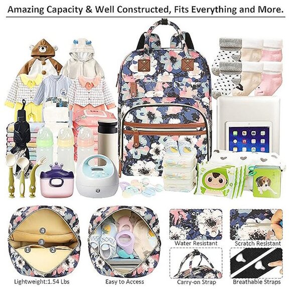 Diaper Bag Backpack Tote for Women Large Capacity, Floral Painting - Picture 3 of 8